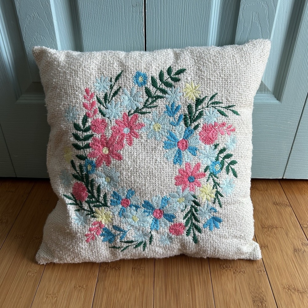 Floral Crewel Embroidery Woven SquareThrow Pillow Pink Blue Flowers Spring Small